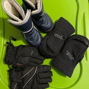 Snow boots, gloves, mittens bundle